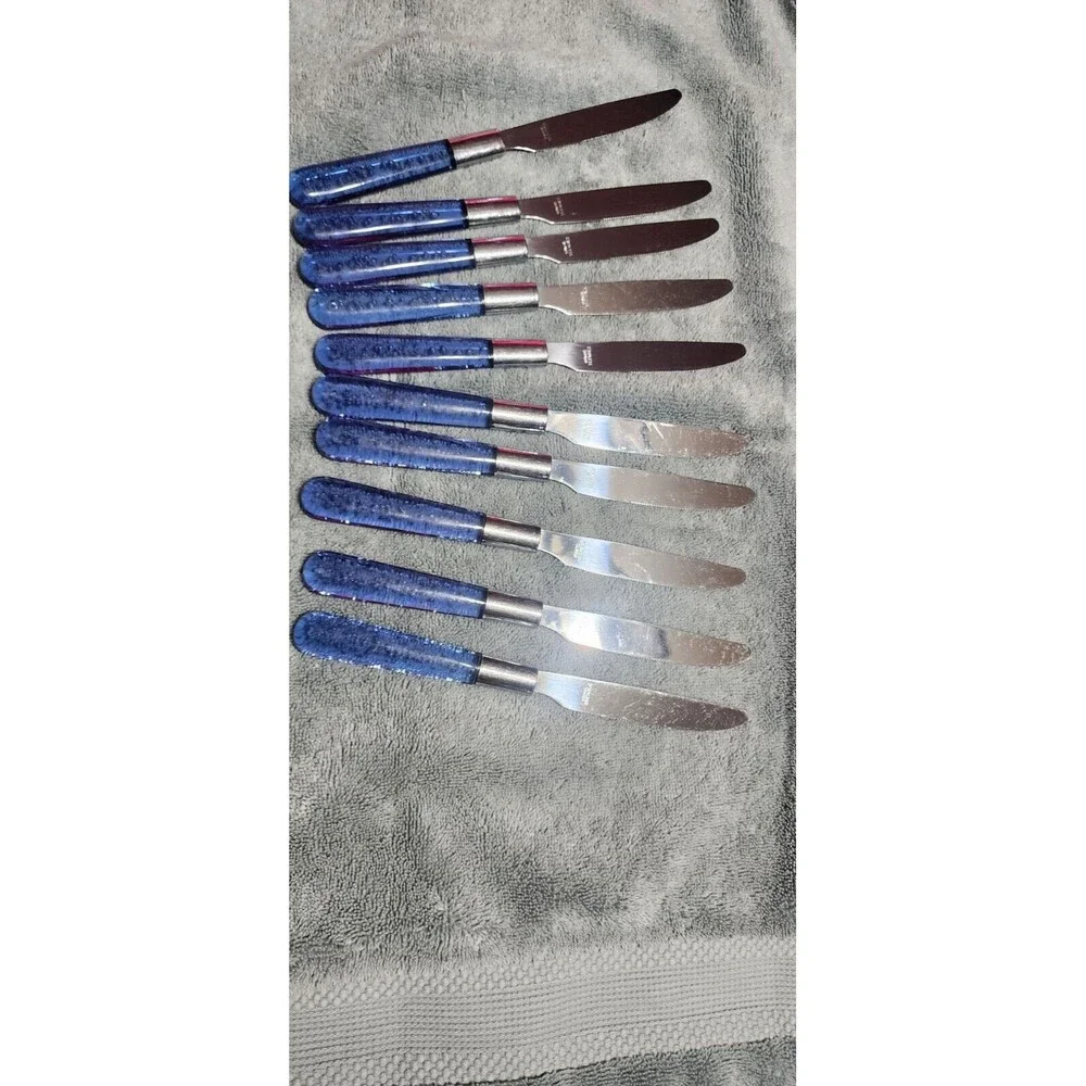 Vtg Flatware Stainless Steel Silverware 10 Settings Blue Lucite Plastic